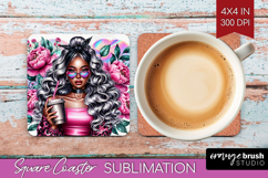 Floral Girl Square Coaster - Coffee Lover Coaster PNG Product Image 1