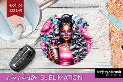 Floral Girl Car Coaster - Coffee Lover Coaster PNG Product Image 1