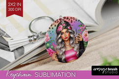 Floral Girl Keychain PNG - Coffee Lover Keychain Sublimation Product Image 1