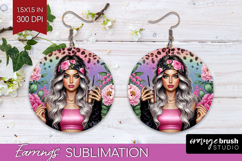 Floral Girl Round Earrings - Coffee Lover PNG Sublimation Product Image 1