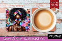 Floral Girl Square Coaster - Coffee Lover Coaster PNG Product Image 1