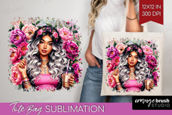 Floral Girl Tote Bag - Coffee Lover Tote Bag PNG Sublimation Product Image 1