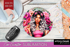 Floral Girl Car Coaster - Coffee Lover Coaster PNG Product Image 1