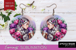 Floral Girl Round Earrings - Coffee Lover PNG Sublimation Product Image 1