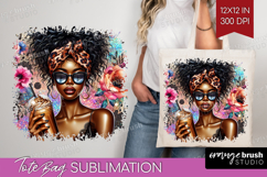 Floral Girl Tote Bag - Coffee Lover Tote Bag PNG Sublimation Product Image 1