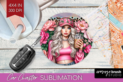 Floral Girl Car Coaster - Coffee Lover Coaster PNG Product Image 1