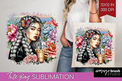 Floral Girl Tote Bag - Coffee Lover Tote Bag PNG Sublimation Product Image 1