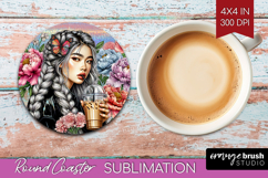 Floral Girl Round Coaster - Coffee Lover Coaster PNG Product Image 1