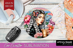 Floral Girl Car Coaster - Coffee Lover Coaster PNG Product Image 1