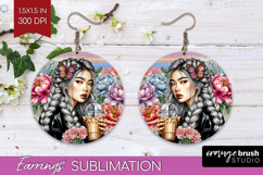 Floral Girl Round Earrings - Coffee Lover PNG Sublimation Product Image 1