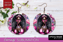 Floral Girl Round Earrings - Coffee Lover PNG Sublimation Product Image 1