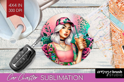 Floral Girl Car Coaster - Coffee Lover Coaster PNG Product Image 1