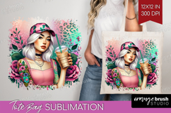 Floral Girl Tote Bag - Coffee Lover Tote Bag PNG Sublimation Product Image 1