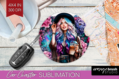Floral Girl Car Coaster - Coffee Lover Coaster PNG Product Image 1