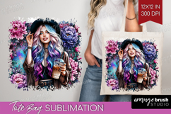 Floral Girl Tote Bag - Coffee Lover Tote Bag PNG Sublimation Product Image 1