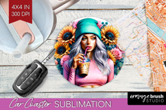 Floral Girl Car Coaster - Coffee Lover Coaster PNG Product Image 1
