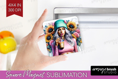 Floral Girl Magnet Sublimation - Coffee Lover Square Magnet Product Image 1