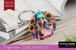 Floral Girl Keychain PNG - Coffee Lover Keychain Sublimation Product Image 1