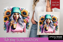 Floral Girl Tote Bag - Coffee Lover Tote Bag PNG Sublimation Product Image 1