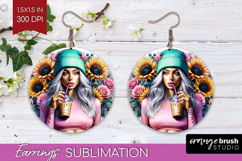 Floral Girl Round Earrings - Coffee Lover PNG Sublimation Product Image 1