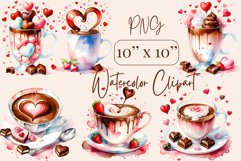 Indulge in cozy moments with our Coffee Love watercolor clipart set! Each illustration features charming coffee cups adorned with hearts and chocolate accents, perfect for adding warmth and sweetness to your designs, invitations, and social media posts. 