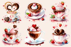 Indulge in cozy moments with our Coffee Love watercolor clipart set! Each illustration features charming coffee cups adorned with hearts and chocolate accents, perfect for adding warmth and sweetness to your designs, invitations, and social media posts. 