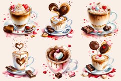 Indulge in cozy moments with our Coffee Love watercolor clipart set! Each illustration features charming coffee cups adorned with hearts and chocolate accents, perfect for adding warmth and sweetness to your designs, invitations, and social media posts. 