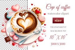 Indulge in cozy moments with our Coffee Love watercolor clipart set! Each illustration features charming coffee cups adorned with hearts and chocolate accents, perfect for adding warmth and sweetness to your designs, invitations, and social media posts. 