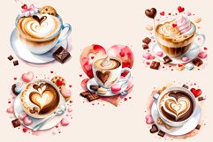 Indulge in cozy moments with our Coffee Love watercolor clipart set! Each illustration features charming coffee cups adorned with hearts and chocolate accents, perfect for adding warmth and sweetness to your designs, invitations, and social media posts. 