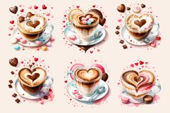 Indulge in cozy moments with our Coffee Love watercolor clipart set! Each illustration features charming coffee cups adorned with hearts and chocolate accents, perfect for adding warmth and sweetness to your designs, invitations, and social media posts. 