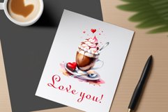 Watercolor clipart valentines day coffee mug or chocolate with hearts  on clear background. Romantic and flavorful illustration. High resolution and perfect quality for printing and sublimation.
