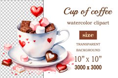 Watercolor clipart valentines day coffee mug or chocolate with hearts  on clear background. Romantic and flavorful illustration. High resolution and perfect quality for printing and sublimation.