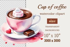 Watercolor clipart valentines day coffee mug or chocolate with hearts  on clear background. Romantic and flavorful illustration. High resolution and perfect quality for printing and sublimation.