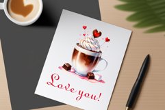 Watercolor clipart valentines day coffee mug or chocolate with hearts  on clear background. Romantic and flavorful illustration. High resolution and perfect quality for printing and sublimation.