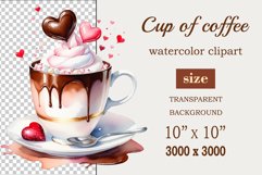 Watercolor clipart valentines day coffee mug or chocolate with hearts  on clear background. Romantic and flavorful illustration. High resolution and perfect quality for printing and sublimation.