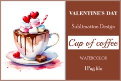 Watercolor clipart valentines day coffee mug or chocolate with hearts  on clear background. Romantic and flavorful illustration. High resolution and perfect quality for printing and sublimation.