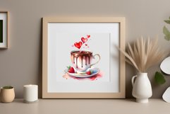 Watercolor clipart valentines day coffee mug or chocolate with hearts  on clear background. Romantic and flavorful illustration. High resolution and perfect quality for printing and sublimation.