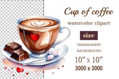 Watercolor clipart valentines day coffee mug or chocolate with hearts  on clear background. Romantic and flavorful illustration. High resolution and perfect quality for printing and sublimation.