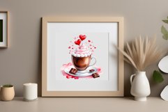 Watercolor clipart valentines day coffee mug or chocolate with hearts  on clear background. Romantic and flavorful illustration. High resolution and perfect quality for printing and sublimation.