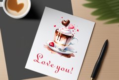 Watercolor clipart valentines day coffee mug or chocolate with hearts  on clear background. Romantic and flavorful illustration. High resolution and perfect quality for printing and sublimation.