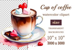Watercolor clipart valentines day coffee mug or chocolate with hearts  on clear background. Romantic and flavorful illustration. High resolution and perfect quality for printing and sublimation.