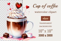 Watercolor clipart valentines day coffee mug or chocolate with hearts  on clear background. Romantic and flavorful illustration. High resolution and perfect quality for printing and sublimation.