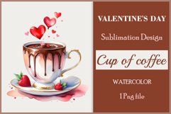 Watercolor clipart valentines day coffee mug or chocolate with hearts  on clear background. Romantic and flavorful illustration. High resolution and perfect quality for printing and sublimation.