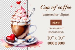 Watercolor clipart valentines day coffee mug or chocolate with hearts  on clear background. Romantic and flavorful illustration. High resolution and perfect quality for printing and sublimation.