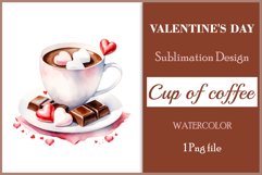 Watercolor clipart valentines day coffee mug or chocolate with hearts  on clear background. Romantic and flavorful illustration. High resolution and perfect quality for printing and sublimation.