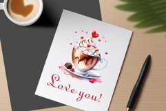 Watercolor clipart valentines day coffee mug or chocolate with hearts  on clear background. Romantic and flavorful illustration. High resolution and perfect quality for printing and sublimation.