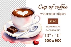Watercolor clipart valentines day coffee mug or chocolate with hearts  on clear background. Romantic and flavorful illustration. High resolution and perfect quality for printing and sublimation.