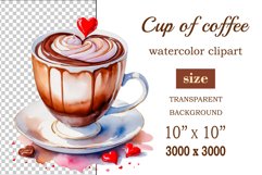 Watercolor clipart valentines day coffee mug or chocolate with hearts  on clear background. Romantic and flavorful illustration. High resolution and perfect quality for printing and sublimation.