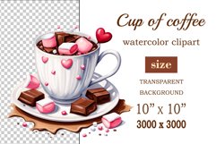 Watercolor clipart valentines day coffee mug or chocolate with hearts  on clear background. Romantic and flavorful illustration. High resolution and perfect quality for printing and sublimation.