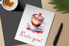 Watercolor clipart valentines day coffee mug or chocolate with hearts  on clear background. Romantic and flavorful illustration. High resolution and perfect quality for printing and sublimation.